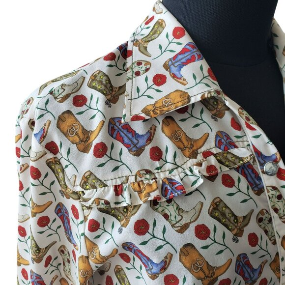 Sandro Cowboy Boot Print Belted Midi Shirt Dress Bootseen Western Cowgirl - Picture 2 of 16